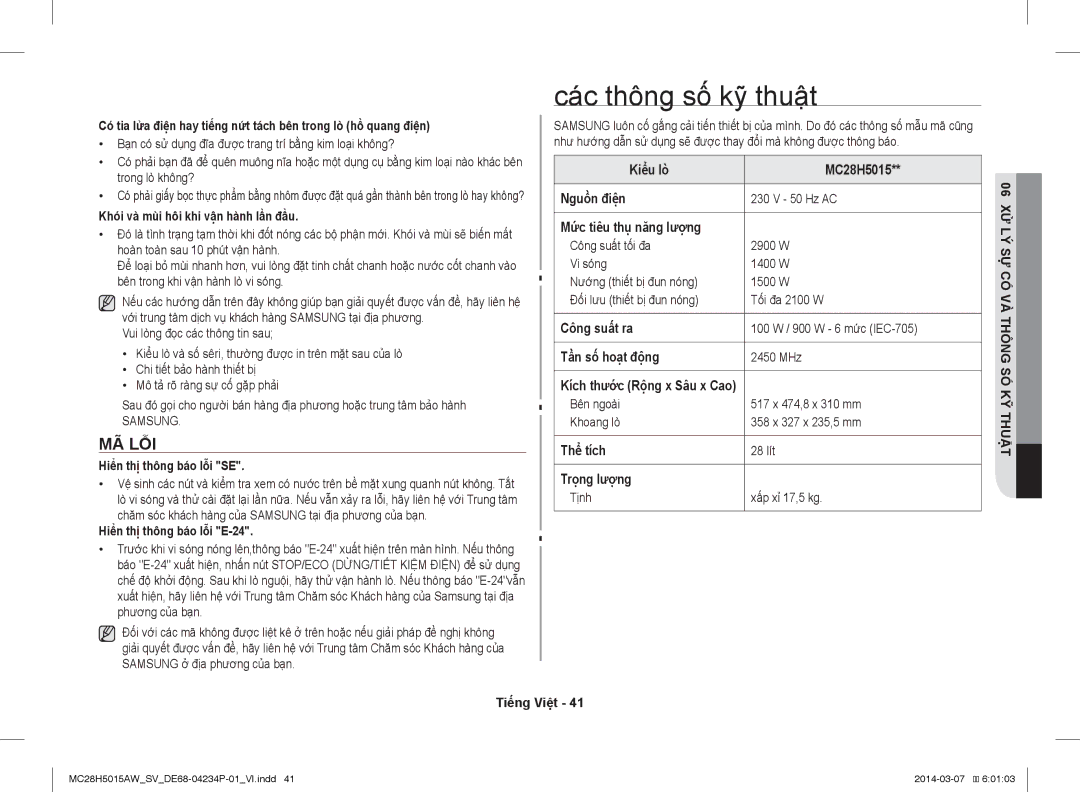 Samsung MC28H5015AK/SV manual Các thông số kỹ thuật, Mã Lỗi 