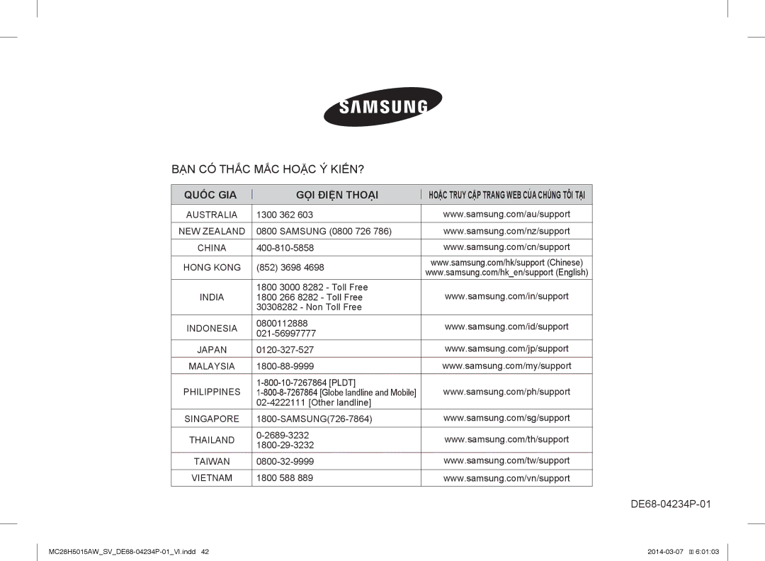 Samsung MC28H5015AK/SV manual Quốc GIA GỌI Điện Thoại 