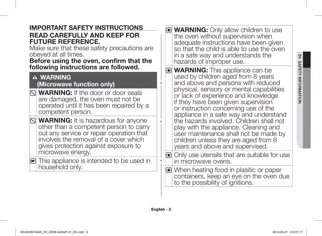 Samsung MC28H5015AK/SV manual Read Carefully and Keep for Future Reference 