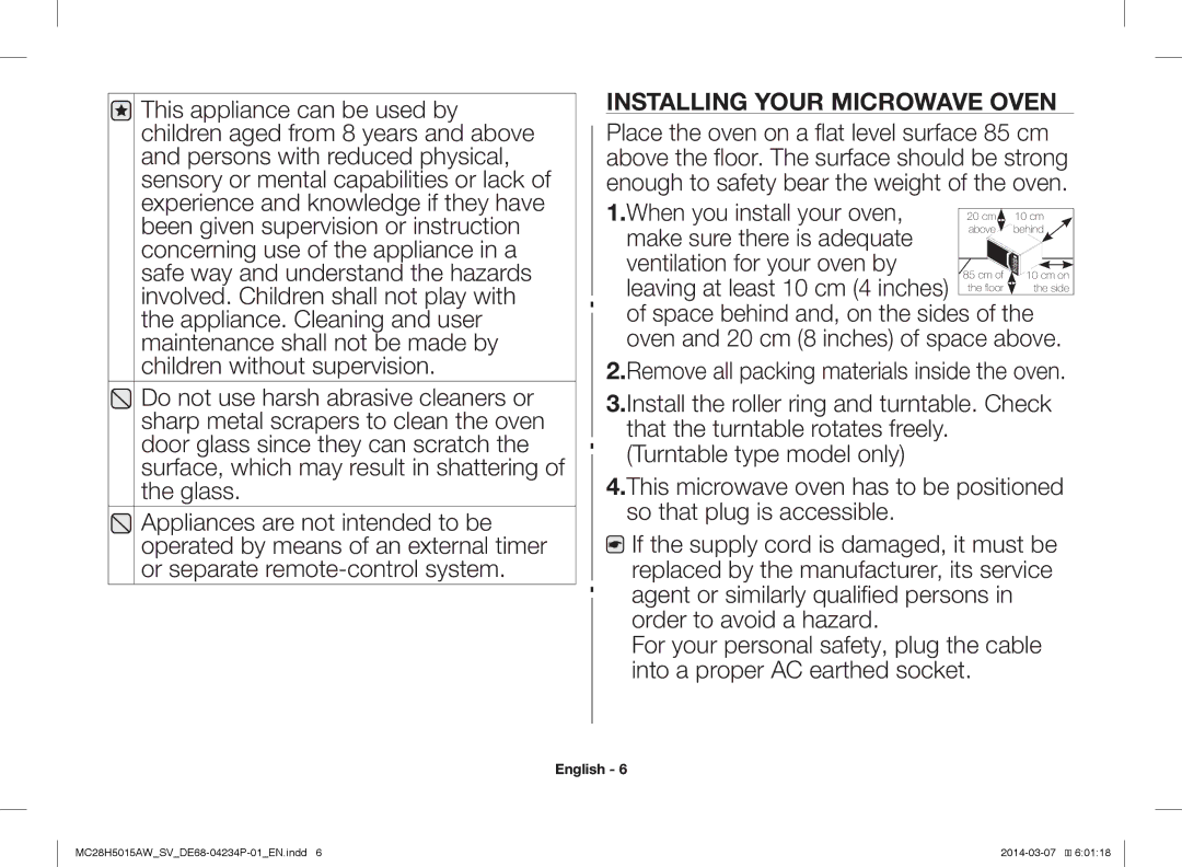 Samsung MC28H5015AK/SV manual Installing Your Microwave Oven 