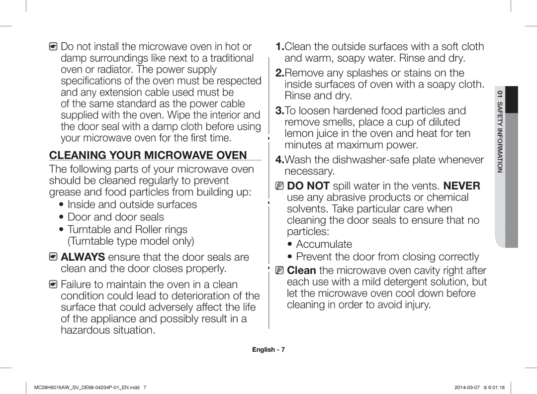 Samsung MC28H5015AK/SV manual Cleaning Your Microwave Oven 