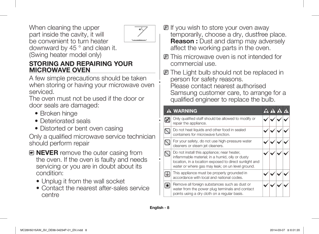 Samsung MC28H5015AK/SV manual Storing and Repairing Your Microwave Oven 