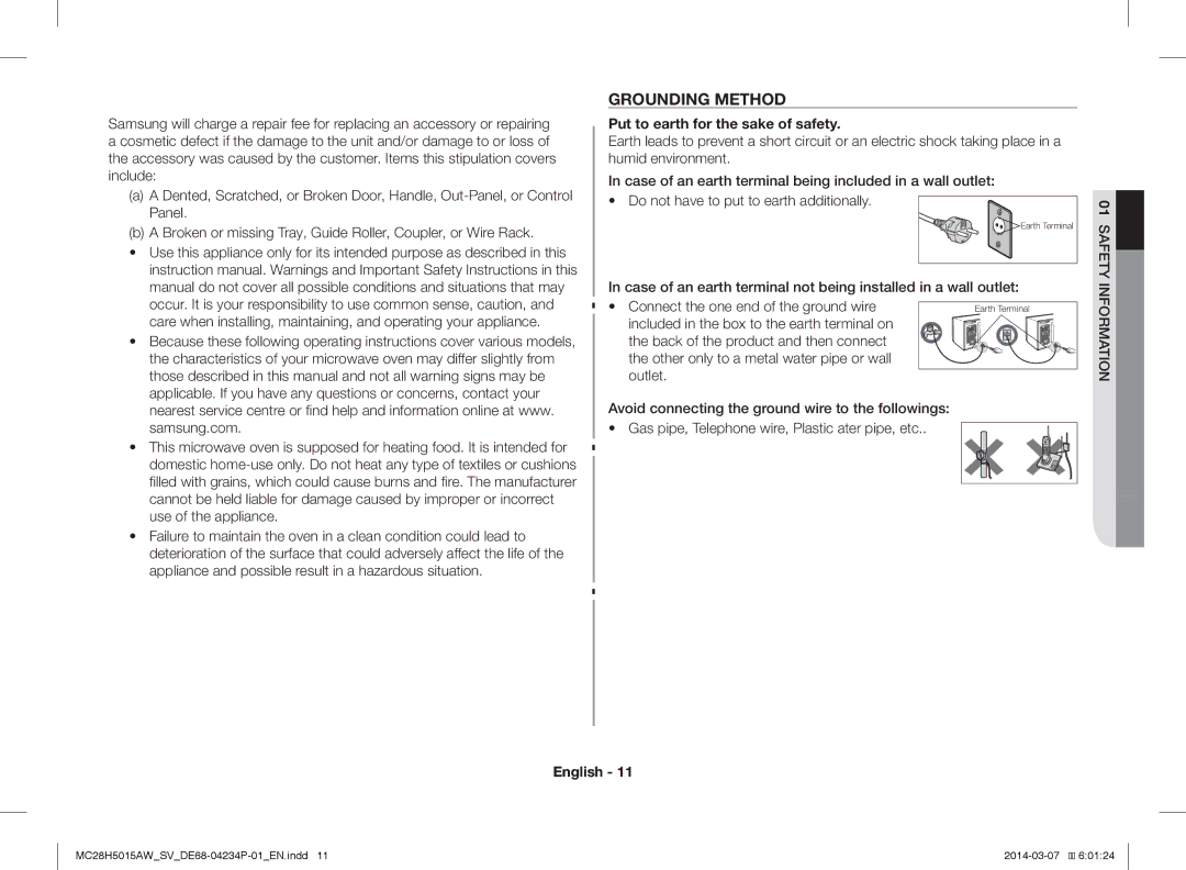 Samsung MC28H5015AK/SV manual Grounding Method, Put to earth for the sake of safety 