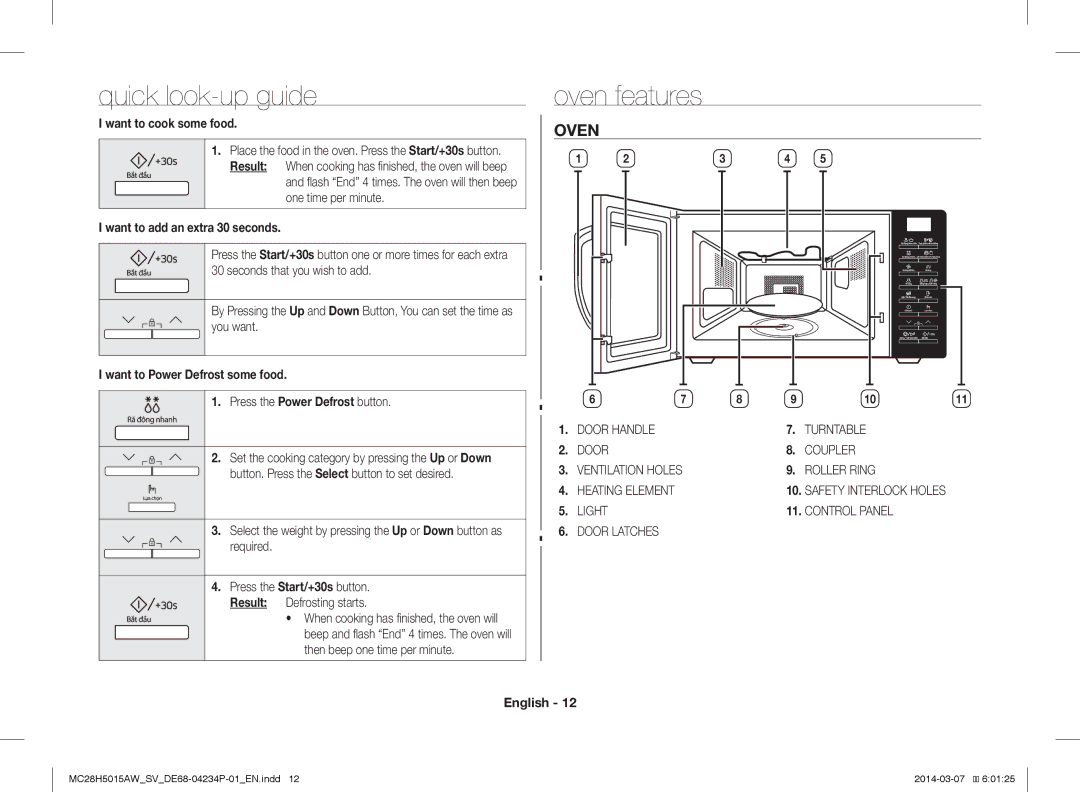 Samsung MC28H5015AK/SV manual Quick look-up guide, Oven features, Want to cook some food, Want to add an extra 30 seconds 