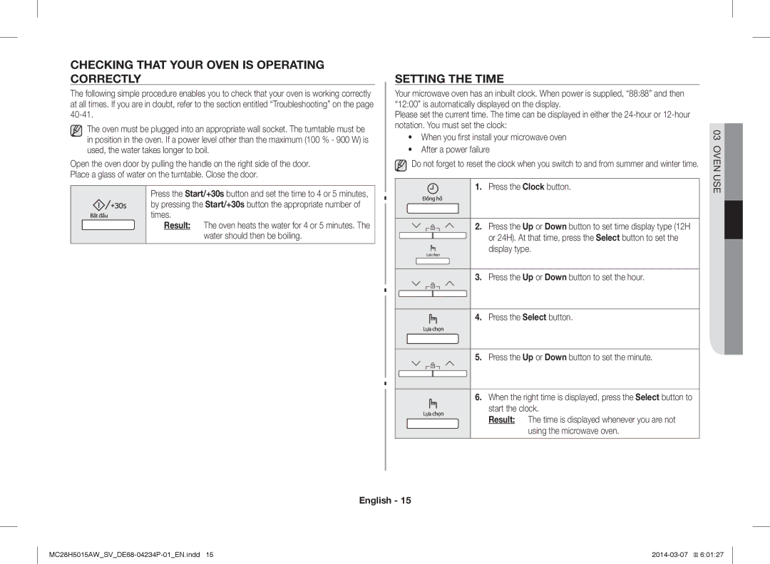 Samsung MC28H5015AK/SV Checking That Your Oven is Operating Correctly, Setting the Time, Result, Press the Clock button 