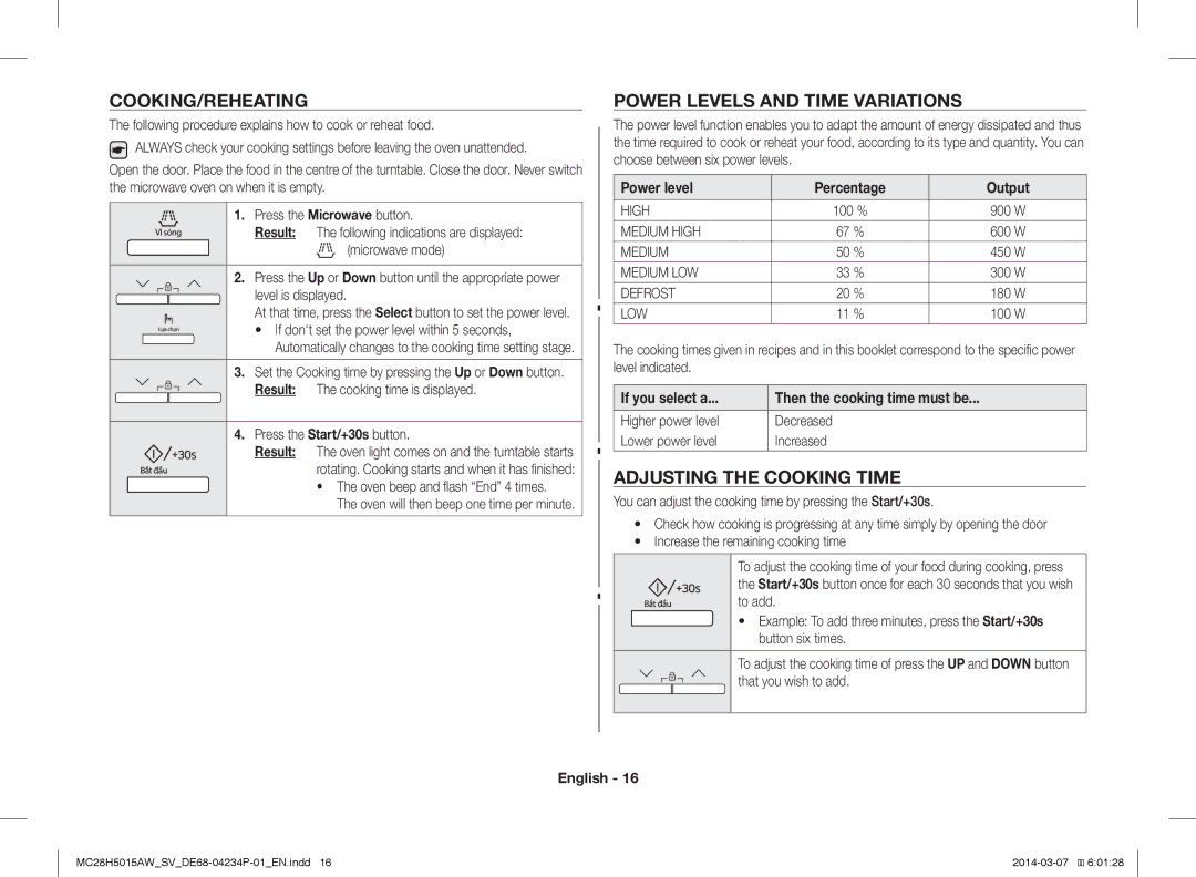 Samsung MC28H5015AK/SV manual Cooking/Reheating, Power Levels and Time Variations, Adjusting the Cooking Time 