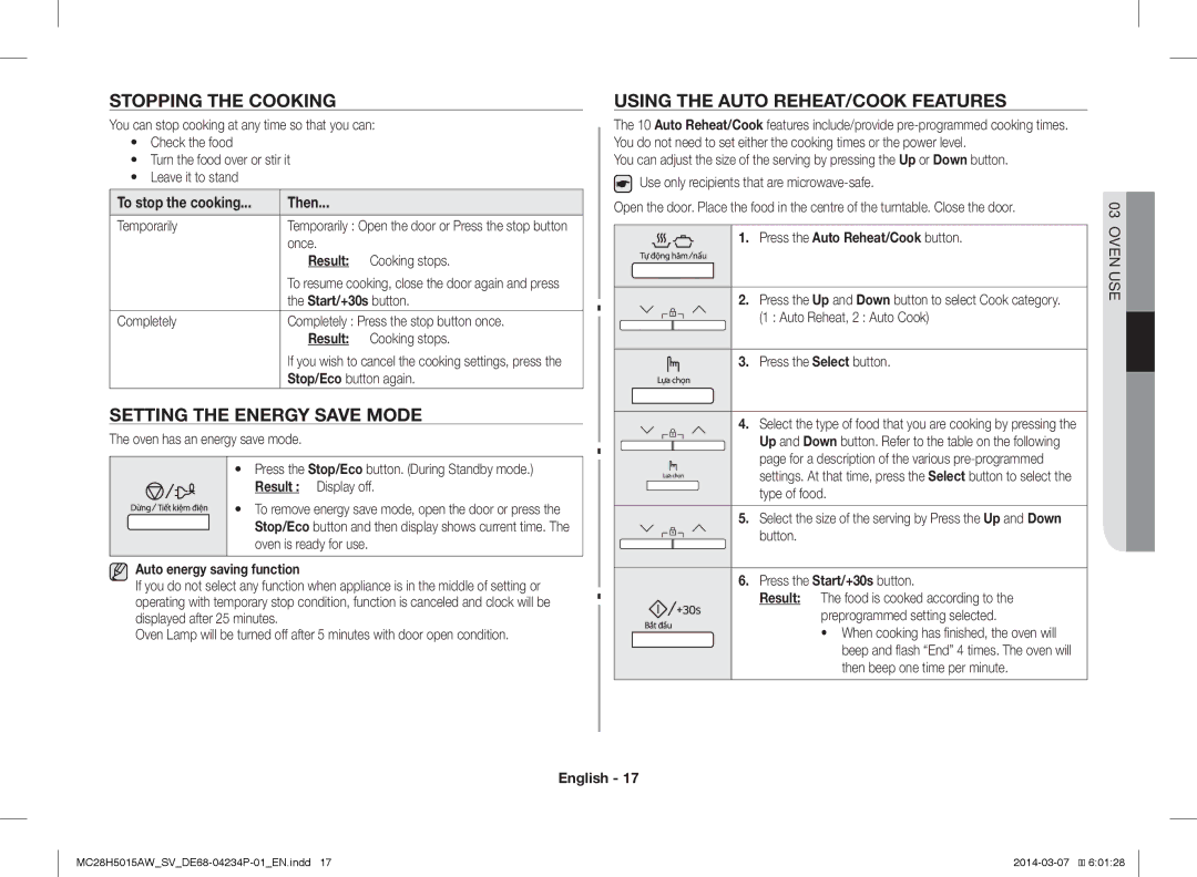 Samsung MC28H5015AK/SV manual Stopping the Cooking, Setting the Energy Save Mode, Using the Auto REHEAT/COOK Features 