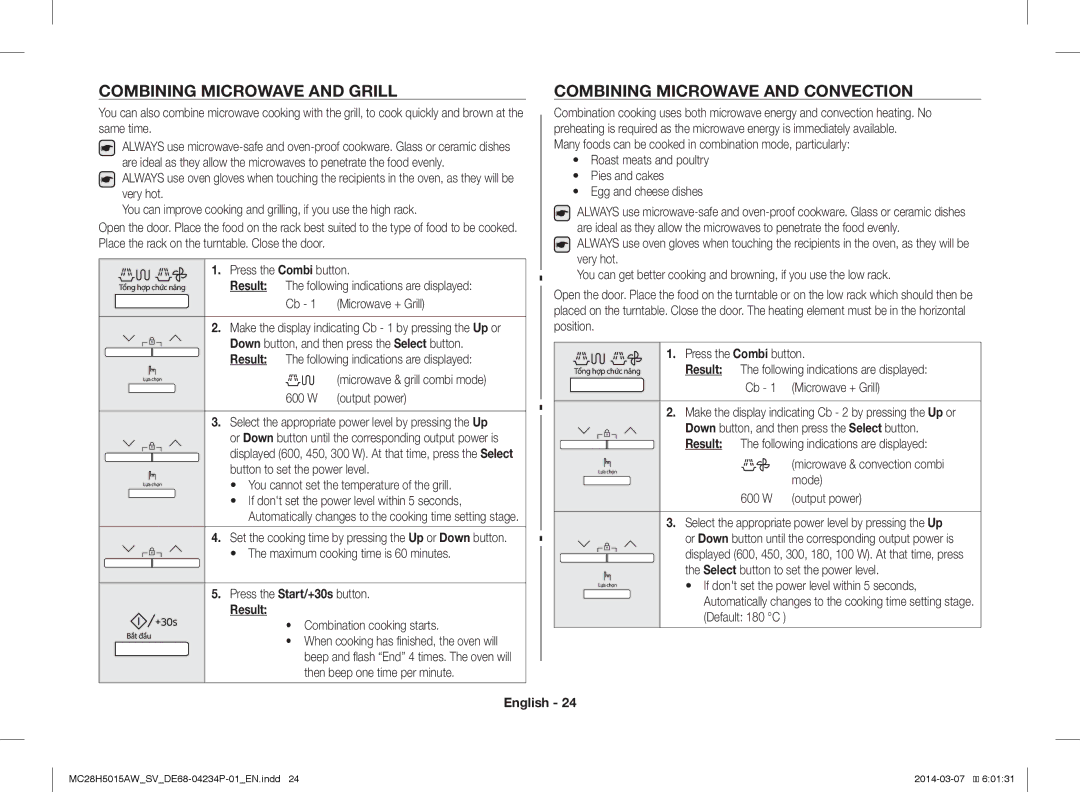Samsung MC28H5015AK/SV manual Same time, Many foods can be cooked in combination mode, particularly, Microwave + Grill 