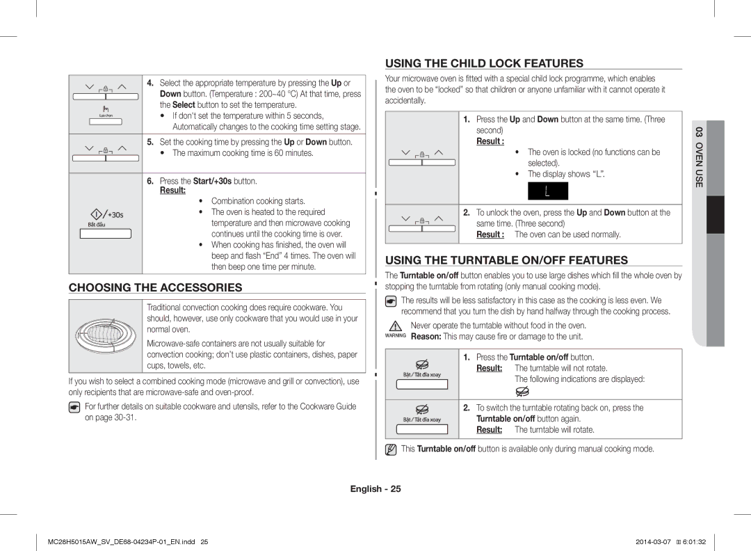 Samsung MC28H5015AK/SV manual Choosing the Accessories, Using the Child Lock Features, Using the Turntable ON/OFF Features 