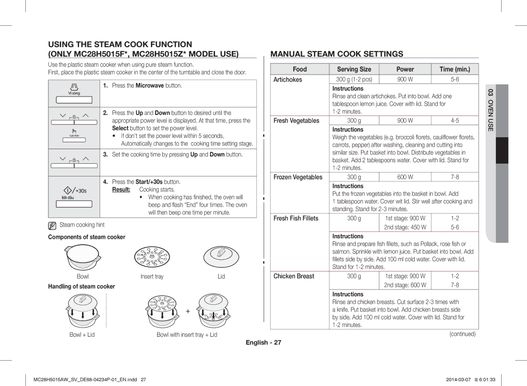 Samsung MC28H5015AK/SV manual Using the Steam Cook Function, Manual Steam Cook Settings, Components of steam cooker 