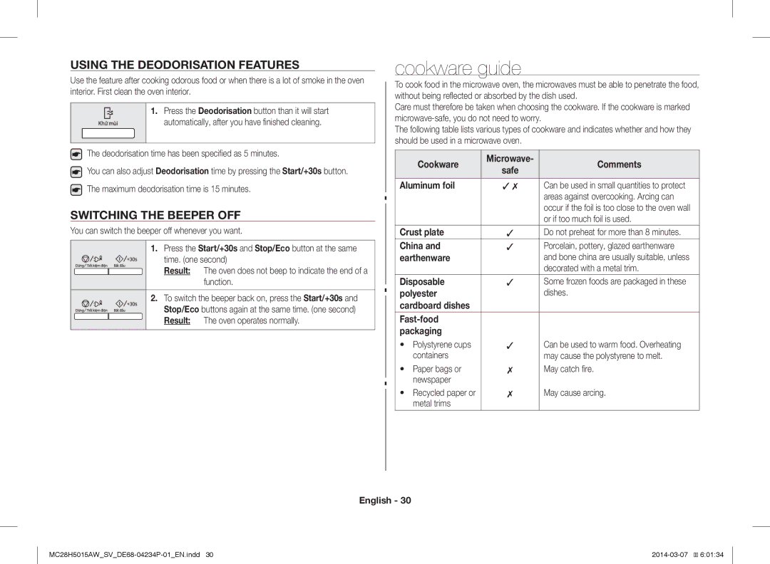 Samsung MC28H5015AK/SV manual Cookware guide, Using the Deodorisation Features, Switching the Beeper OFF 