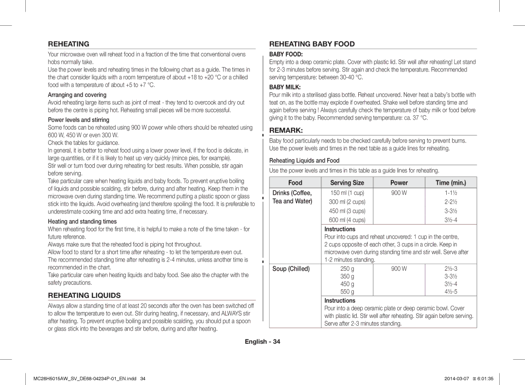 Samsung MC28H5015AK/SV manual Reheating Reheating Baby Food, Remark, Reheating Liquids 