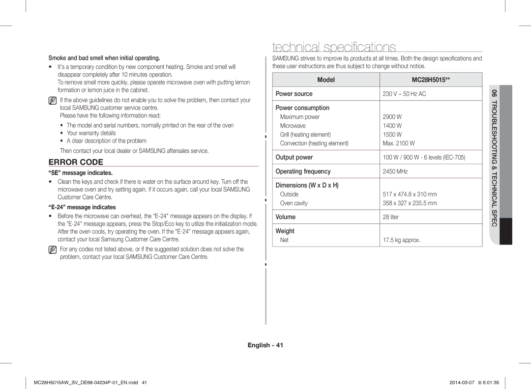 Samsung MC28H5015AK/SV Technical specifications, Error Code, SE message indicates, Message indicates, Model MC28H5015 