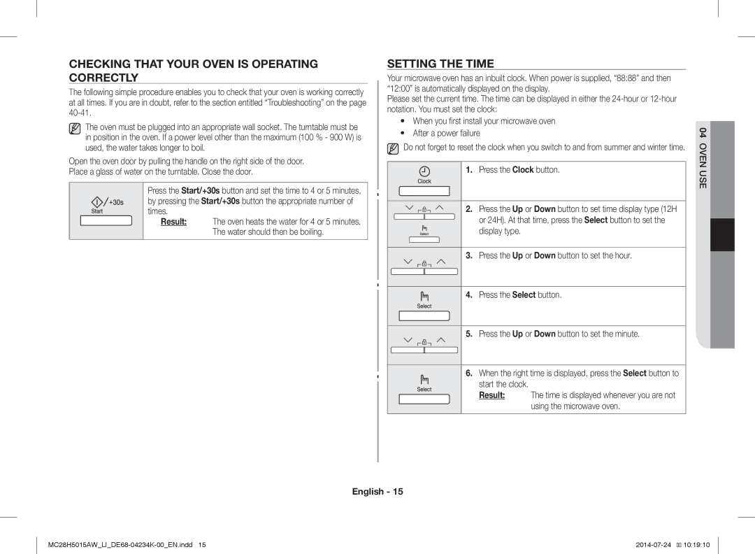 Samsung MC28H5015AW/LI Checking That Your Oven is Operating Correctly, Setting the Time, Result, Press the Clock button 