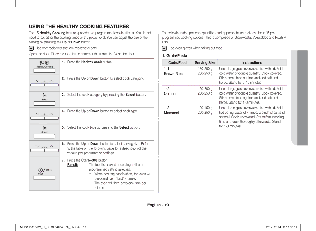 Samsung MC28H5015AW/LI manual Using the Healthy Cooking Features 