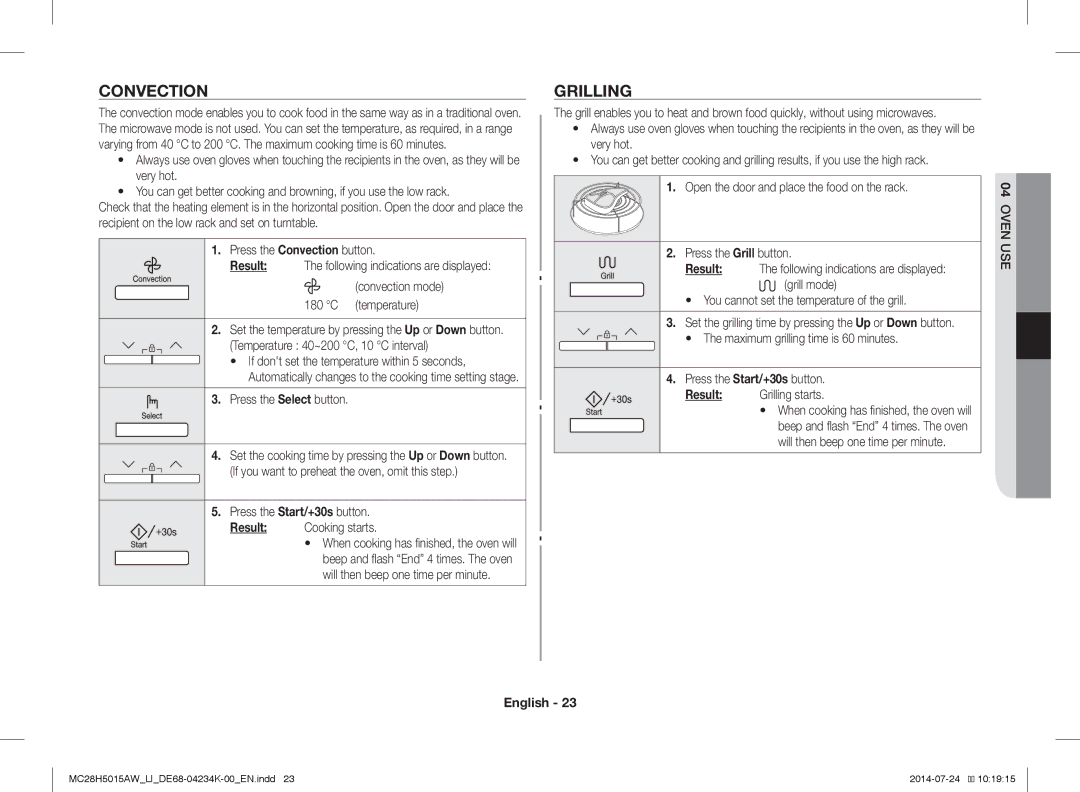 Samsung MC28H5015AW/LI manual Convection, Temperature 40~200 C, 10 C interval, Cooking starts, Grilling starts 