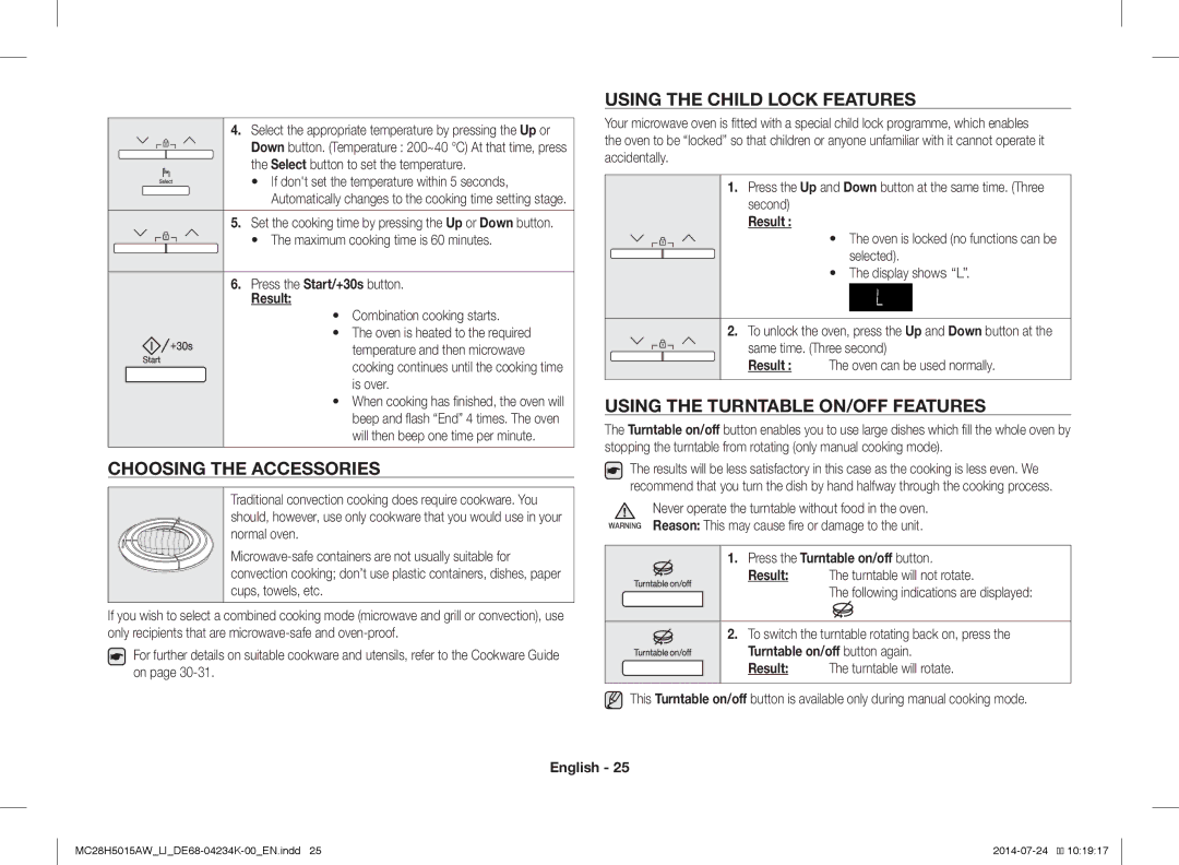 Samsung MC28H5015AW/LI manual Choosing the Accessories, Using the Child Lock Features, Using the Turntable ON/OFF Features 