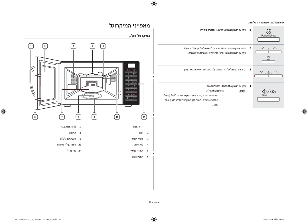 Samsung MC28H5015AW/LI manual לגורקימה ינייפאמ, ויקלחו לגורקימה, הריהמ הרשפה Power Defrost ןצחלה לע ץחל, 12 תירבע 