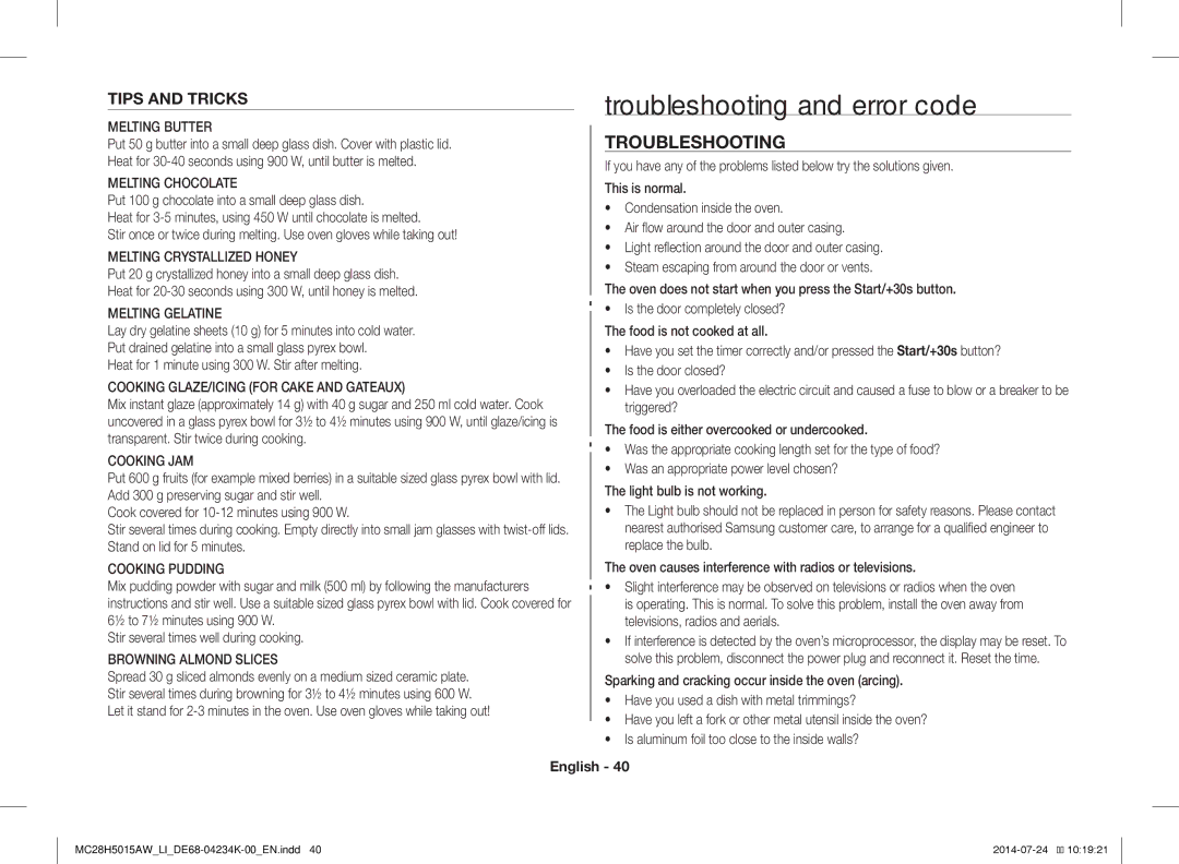 Samsung MC28H5015AW/LI manual Troubleshooting and error code, Tips and Tricks 