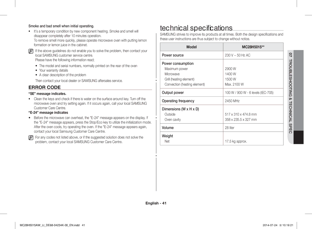 Samsung MC28H5015AW/LI Technical specifications, Error Code, SE message indicates, Message indicates, Model MC28H5015 