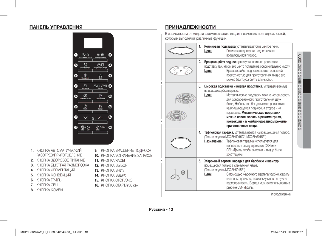 Samsung MC28H5015AW/LI manual Панель Управления, Принадлежности 