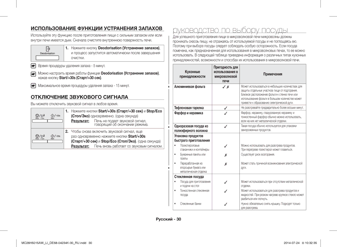 Samsung MC28H5015AW/LI manual Руководство по выбору посуды, Использование Функции Устранения Запахов, Примечания 