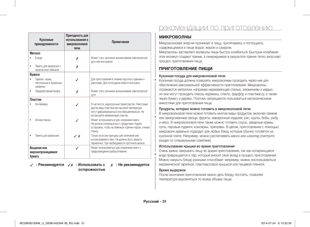 Samsung MC28H5015AW/LI manual Рекомендации по приготовлению, Микроволны, Приготовление Пищи 