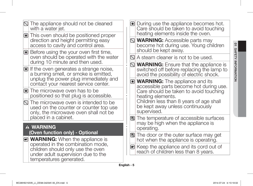 Samsung MC28H5015AW/LI manual Appliance should not be cleaned with a water jet, Oven function only Optional 