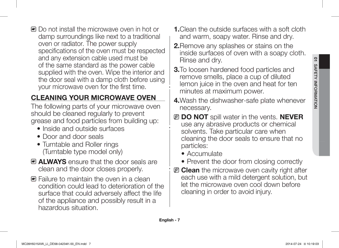 Samsung MC28H5015AW/LI manual Cleaning Your Microwave Oven, Inside and outside surfaces Door and door seals 