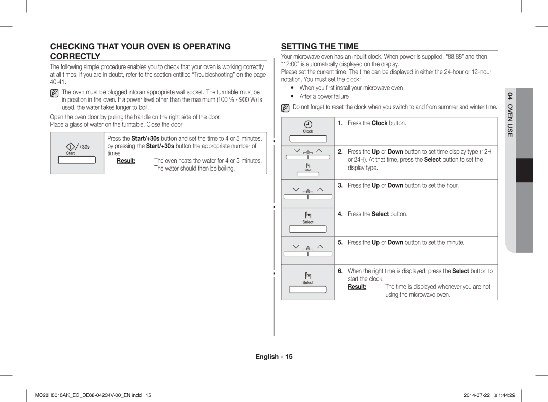 Samsung MC28H5015CS/EG Checking That Your Oven is Operating Correctly, Setting the Time, Result, Press the Clock button 