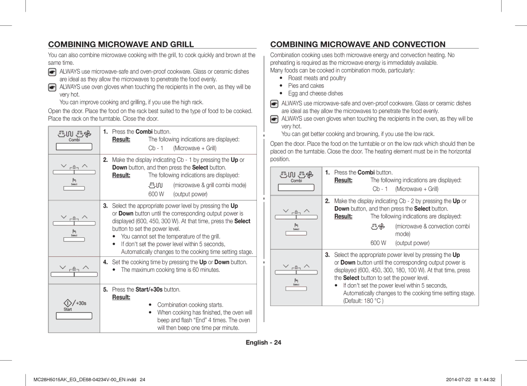 Samsung MC28H5015AK/EO manual Same time, Many foods can be cooked in combination mode, particularly, Microwave + Grill 