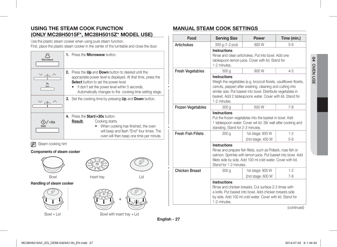 Samsung MC28H5015AK/EF manual Using the Steam Cook Function, Manual Steam Cook Settings, Components of steam cooker 