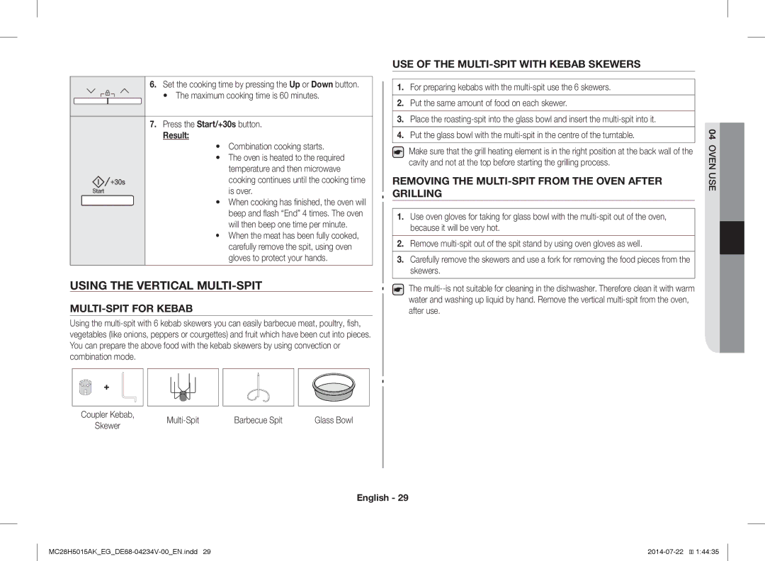 Samsung MC28H5015AK/EO manual Using the Vertical MULTI-SPIT, MULTI-SPIT for Kebab, USE of the MULTI-SPIT with Kebab Skewers 