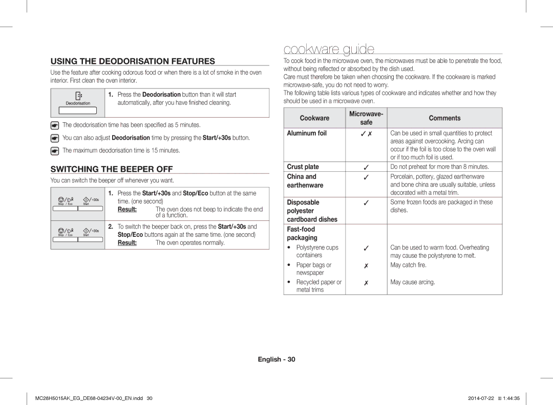 Samsung MC28H5015CS/EG, MC28H5015AK/EG manual Cookware guide, Using the Deodorisation Features, Switching the Beeper OFF 