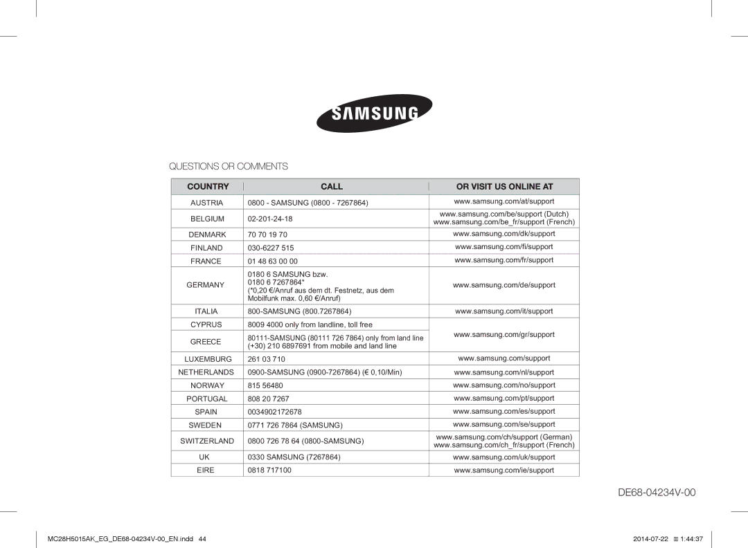 Samsung MC28H5015AK/EO, MC28H5015CS/EG, MC28H5015AK/EG, MC28H5015AK/EF, MC28H5015AK/ET manual DE68-04234V-00 