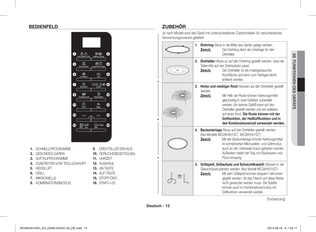 Samsung MC28H5015AS/EG, MC28H5015CS/EG, MC28H5015AK/EG, MC28H5015AK/EF manual Bedienfeld, Zubehör 