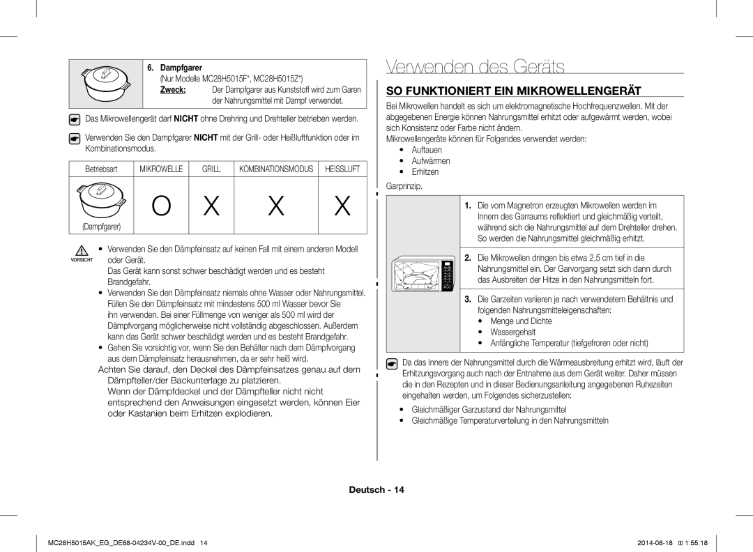 Samsung MC28H5015AK/EG, MC28H5015CS/EG manual Verwenden des Geräts, SO Funktioniert EIN Mikrowellengerät, Dampfgarer 