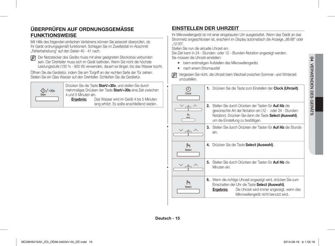 Samsung MC28H5015AK/EF, MC28H5015CS/EG manual Überprüfen AUF Ordnungsgemässe Funktionsweise, Einstellen DER Uhrzeit 