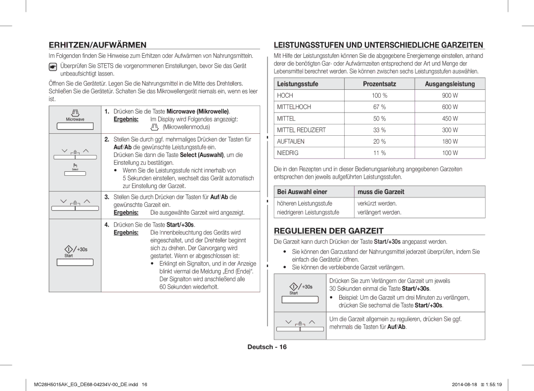 Samsung MC28H5015CS/EG manual Erhitzen/Aufwärmen, Leistungsstufen UND Unterschiedliche Garzeiten, Regulieren DER Garzeit 