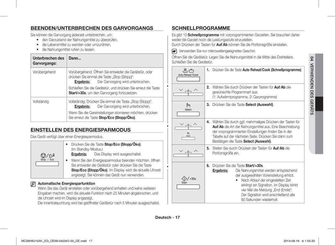 Samsung MC28H5015AS/EG manual BEENDEN/UNTERBRECHEN DES Garvorgangs, Einstellen DES Energiesparmodus, Schnellprogramme 