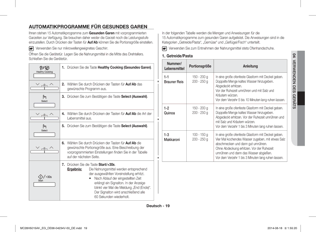 Samsung MC28H5015AK/EF, MC28H5015CS/EG, MC28H5015AS/EG, MC28H5015AK/EG manual Automatikprogramme FÜR Gesundes Garen 