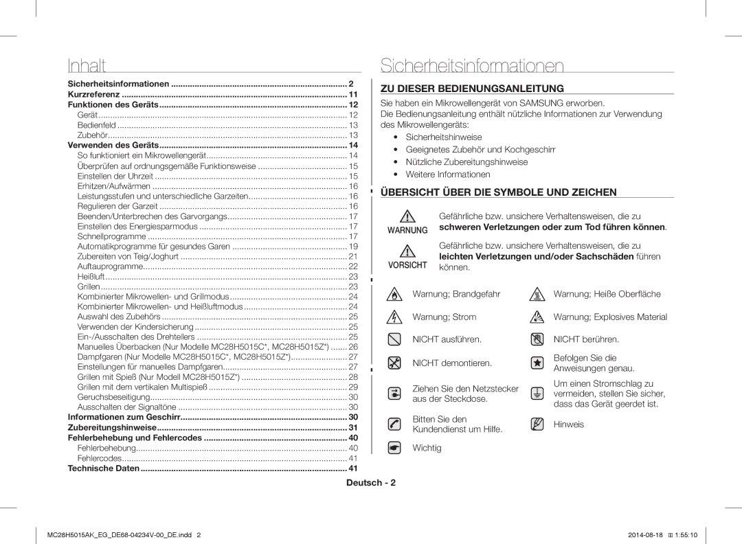 Samsung MC28H5015AK/EG Sicherheitsinformationen, ZU Dieser Bedienungsanleitung, Übersicht Über DIE Symbole UND Zeichen 