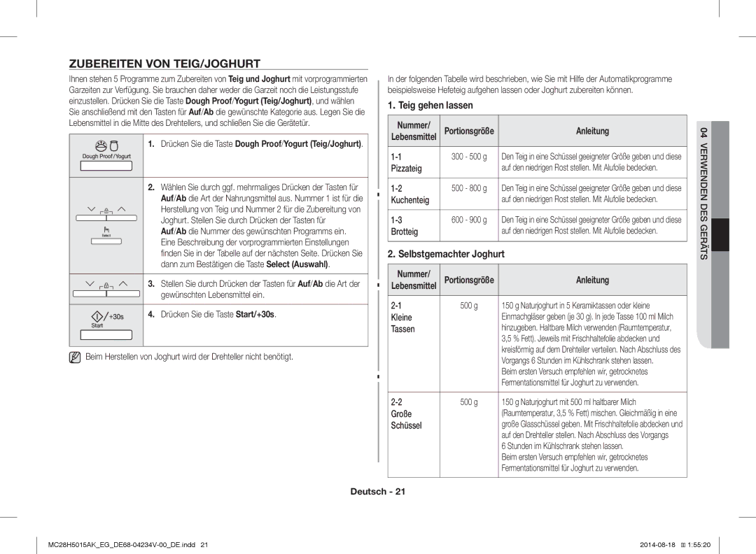Samsung MC28H5015AS/EG, MC28H5015CS/EG, MC28H5015AK/EG, MC28H5015AK/EF manual Zubereiten VON TEIG/JOGHURT 