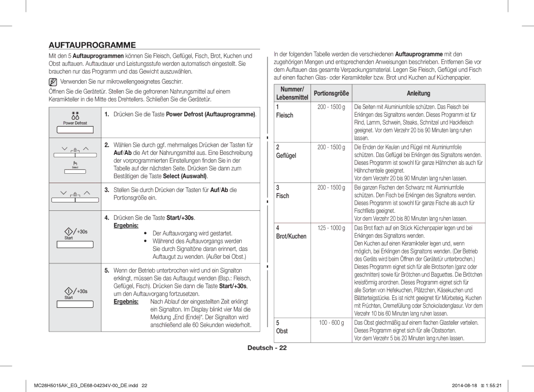 Samsung MC28H5015AK/EG, MC28H5015CS/EG, MC28H5015AS/EG, MC28H5015AK/EF manual Auftauprogramme, Portionsgröße 