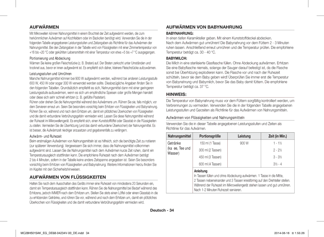 Samsung MC28H5015AK/EG, MC28H5015CS/EG manual Aufwärmen Aufwärmen VON Babynahrung, Hinweis, Aufwärmen VON Flüssigkeiten 