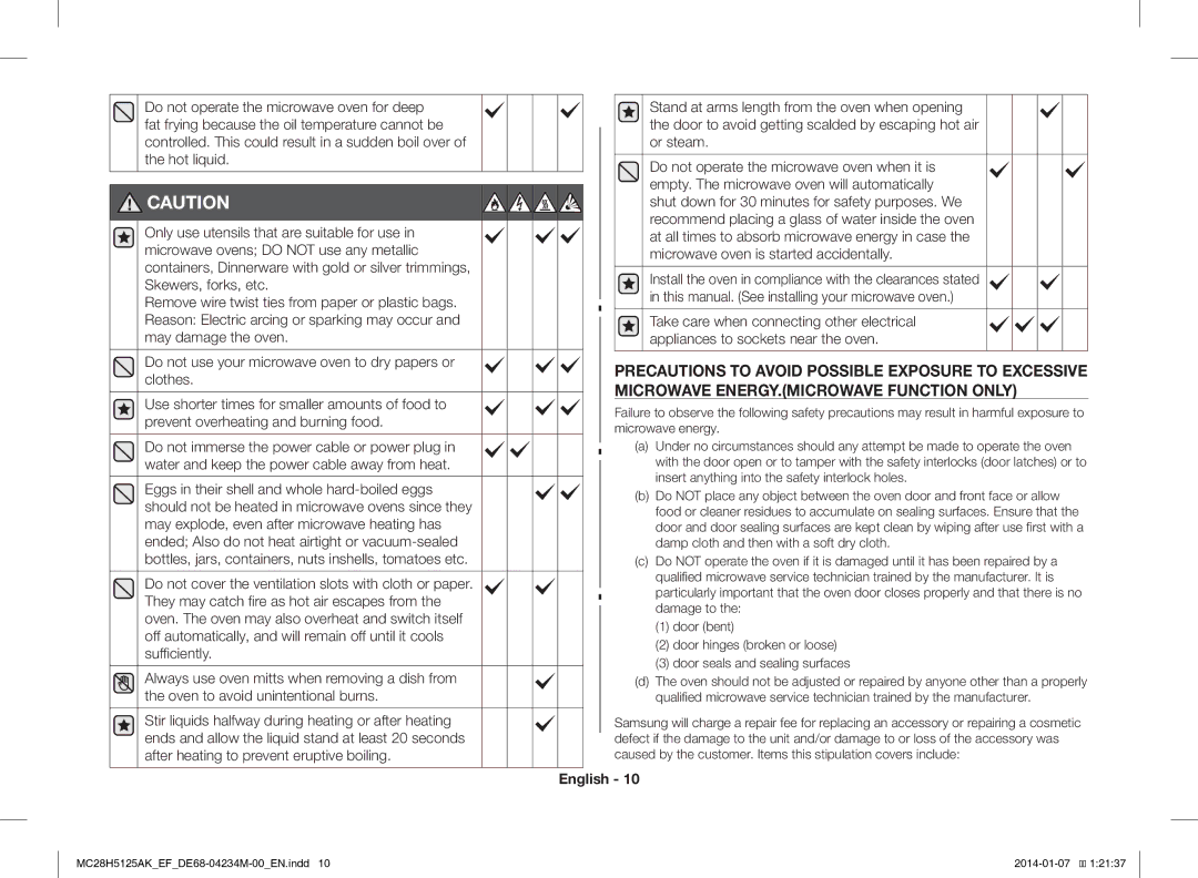 Samsung MC28H5125AK/EF, MC28H5125AW/EF manual English 