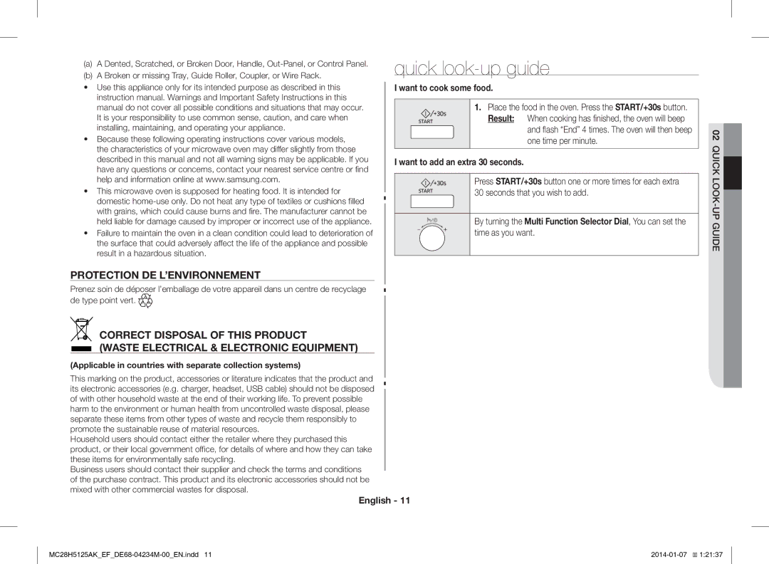 Samsung MC28H5125AW/EF, MC28H5125AK/EF manual Quick look-up guide, Protection DE L’ENVIRONNEMENT, Want to cook some food 