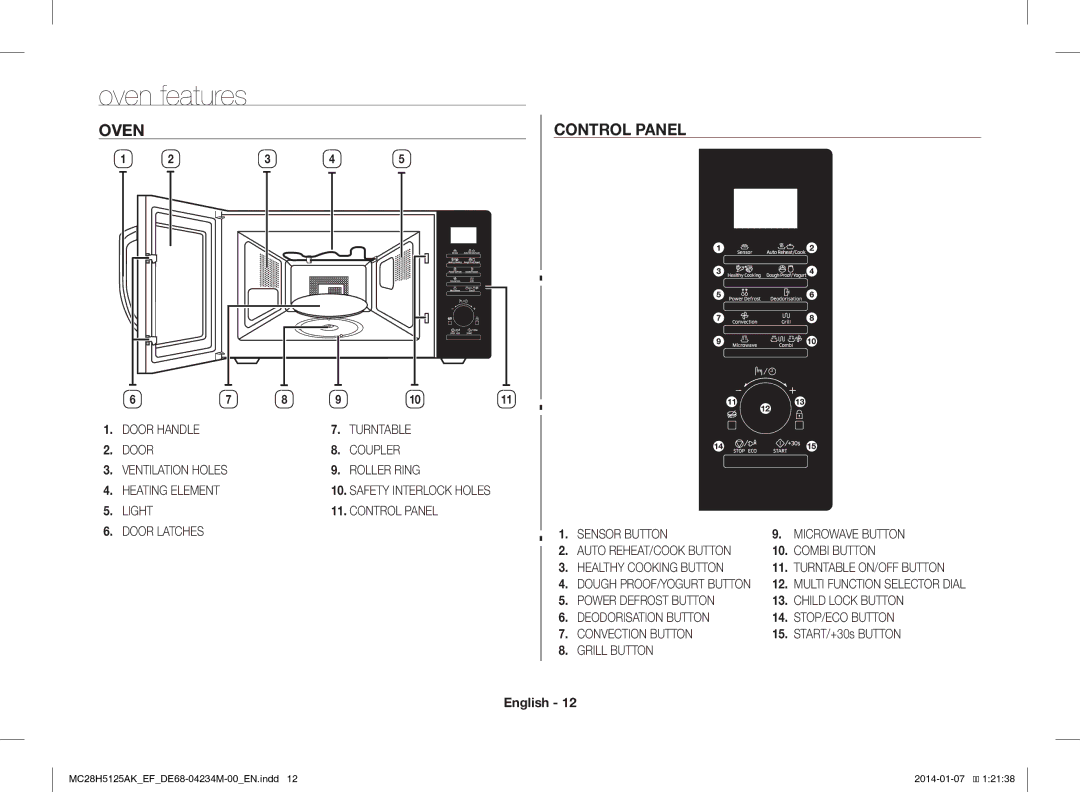 Samsung MC28H5125AK/EF, MC28H5125AW/EF manual Oven features, Oven Control Panel, START/+30s Button 