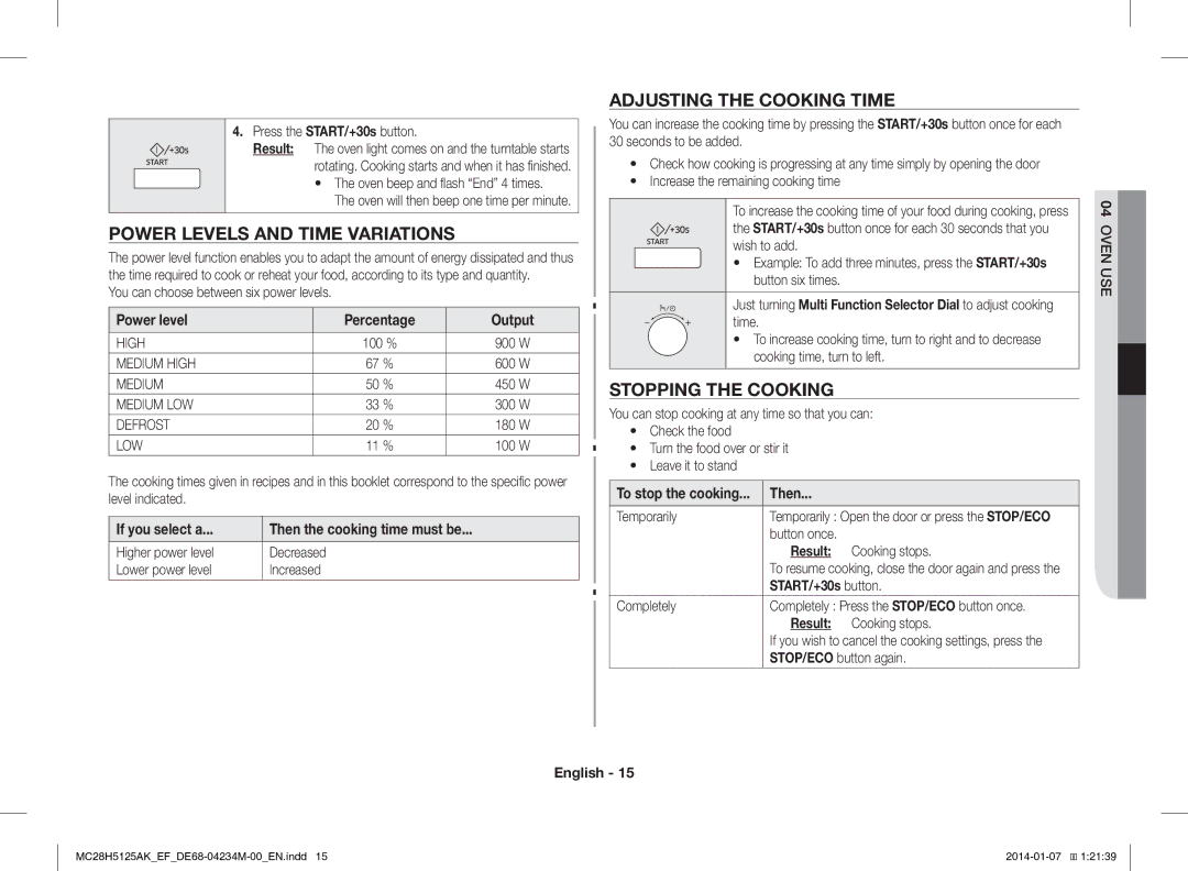 Samsung MC28H5125AW/EF, MC28H5125AK/EF Power Levels and Time Variations, Adjusting the Cooking Time, Stopping the Cooking 