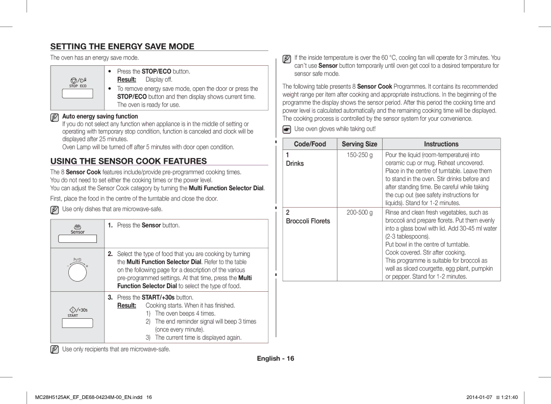 Samsung MC28H5125AK/EF manual Setting the Energy Save Mode, Using the Sensor Cook Features, Code/Food, Instructions 